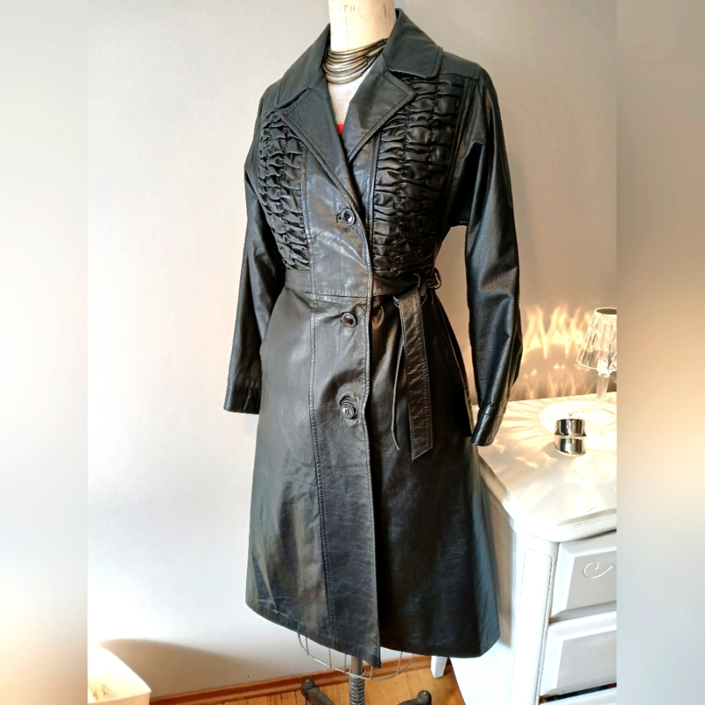 Women's Black Leather Trench Coat with Ruched Front